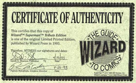 CERTIFICATE OF AUTHENTICITY FROM WIZARD