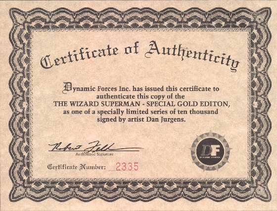 CERTIFICATE OF AUTHENTICITY FROM DYNAMIC FORCES